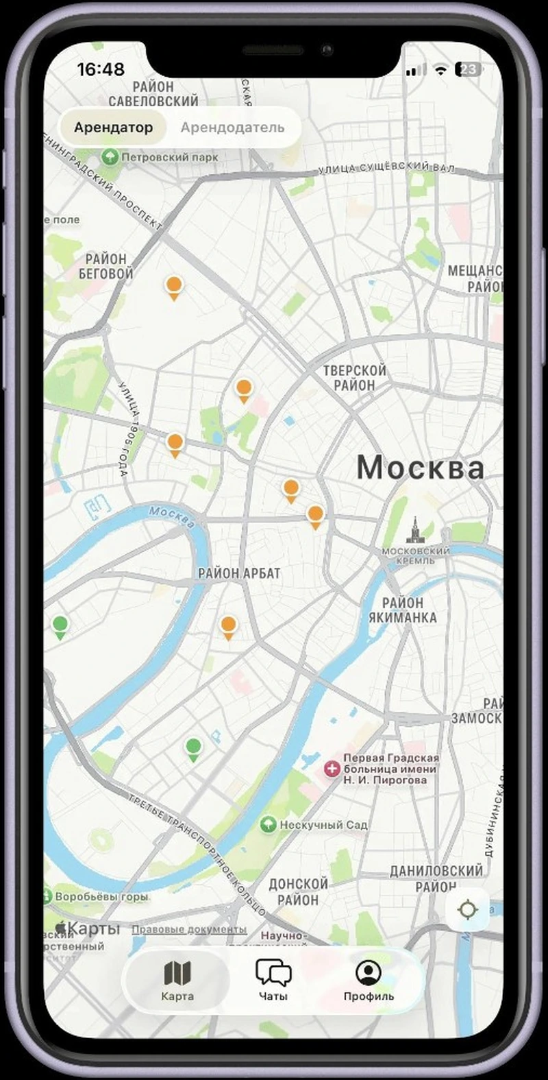Карта PlaceSharing с точками парковки